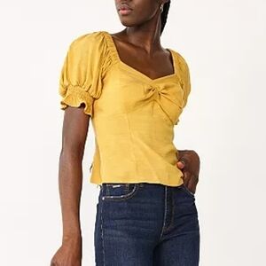 Nine West Twist Front Puff Sleeve Ruched Cottage Top in Sierra Yellow Sz XL NWT